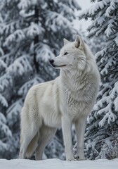 Obraz premium Portrait of a white wolf standing in a snowy forest looking to the left on a winter day scene