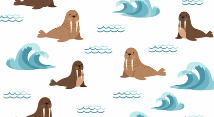 Cute Walrus Pattern with Cartoon Waves on White Background.