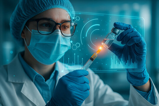 AI generated conceptual image of scientist preparing vaccine with syringe and vial enhanced by glowing digital graphics symbolizing biotechnology research and medical innovation
