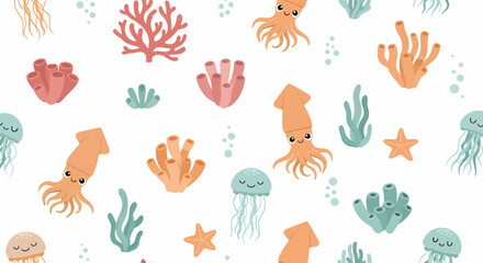 Cute watercolor sea creatures and coral pattern featuring jellyfish octopuses squid starfish and various corals. © Amir
