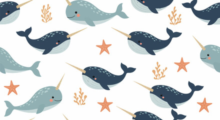 Narwhal Pattern Cute Cartoon Whales with Horns Starfish and Seaweed Illustration. © Amir