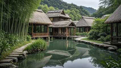 Fototapeta premium Zen Chinese Bamboo Forest Waterside Pavilion, Serene Natural Courtyard