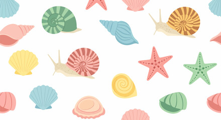 Pastel Seashells and Snails Seamless Pattern Colorful Marine Life Illustration.