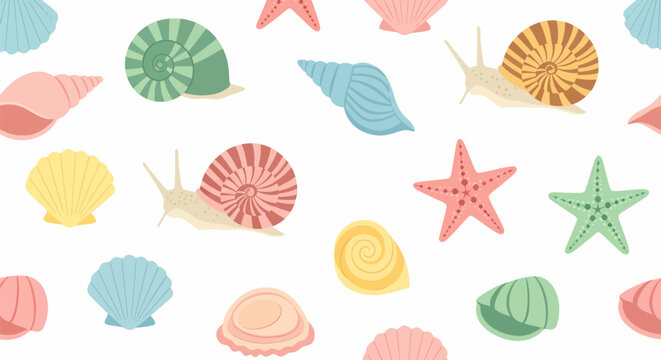 Pastel Seashells and Snails Seamless Pattern Colorful Marine Life Illustration.
