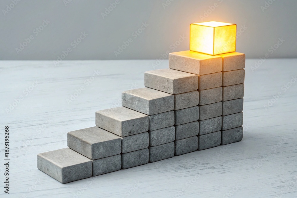 Poster staircase of concrete blocks with a glowing cube at the top steps cubes
