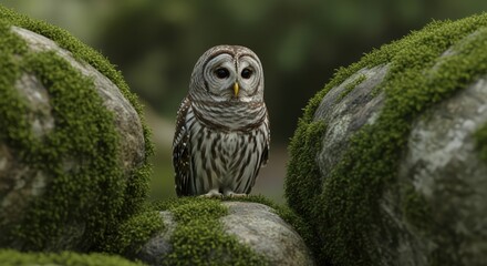 A barred owl perched on a moss covered rock between two larger mossy rocks in a forest setting