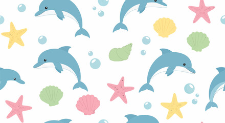 Playful Cartoon Dolphins Leaping Seamless Pattern.