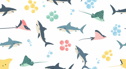 Playful Pastel Sharks Seamless Pattern Cute Cartoon Great White Sharks Stingrays and Bubbles.