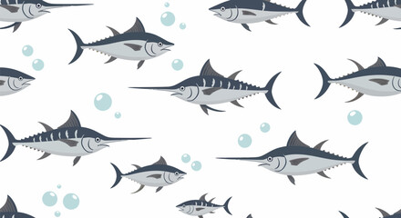 School of Stylized Blue Marlin Fish Swimming Seamless Pattern.