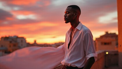 Man in white shirt looking at sunset sky with dramatic clouds over city