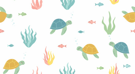 Sea Turtle Pattern Colorful Turtles Seaweed and Fish in a Playful Design.