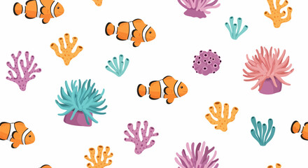 Vibrant Clownfish Swimming Amidst Colorful Coral Reef Anemones.