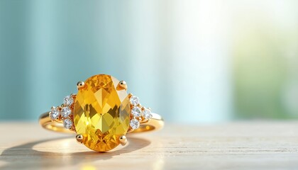 Luxurious yellow gemstone ring in yellow gold, set with sparkling diamonds. Oval-cut citrine gem, classic band, fine jewelry for engagement or special gift. Elegant accessory for women.