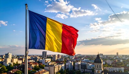 Romanian national flag waving against a city skyline,