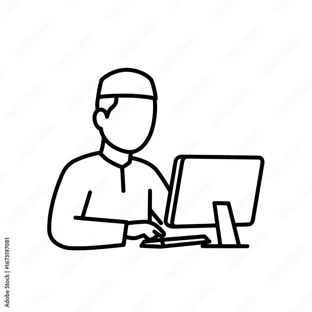 Poster person working at computer with transparent background