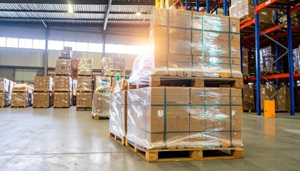 Stacked Pallets Wrapped in Plastic for Secure Storage in a Warehouse