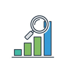 Magnifying glass over growing bar chart isolated on transparent background