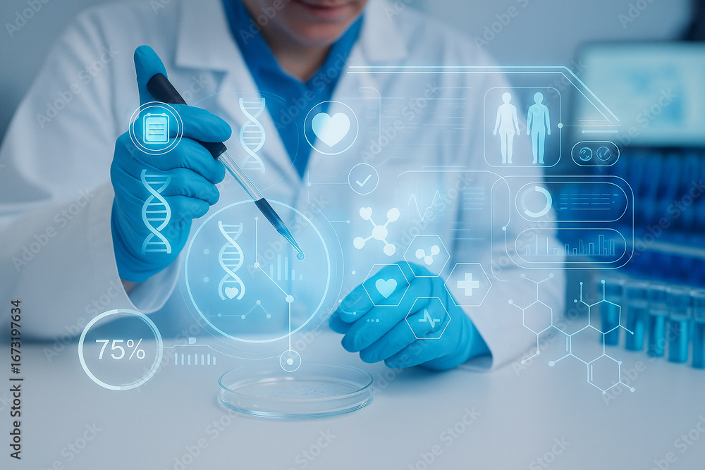 Poster ai generated futuristic science concept of a scientist in laboratory using pipette with petri dish s