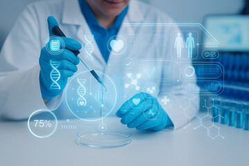 AI generated futuristic science concept of a scientist in laboratory using pipette with petri dish surrounded by glowing holographic icons of dna molecules human body and medical technology