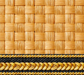 Intricate woven texture featuring natural fibers with a decorative border, ideal for backgrounds and crafts.