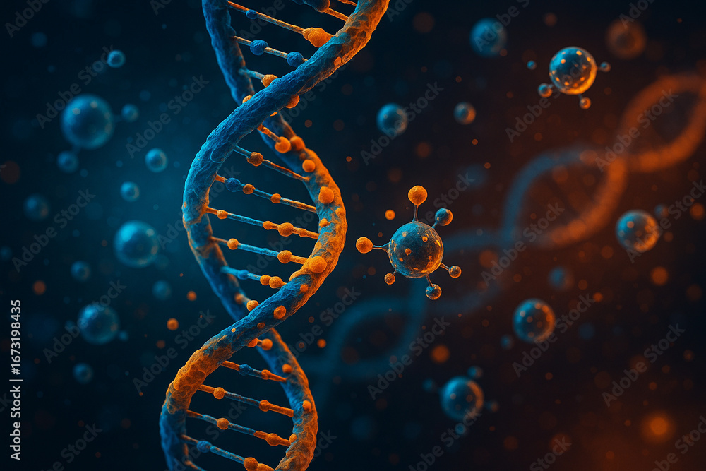 Poster ai generated conceptual image of glowing dna double helix in blue and orange with molecular particle