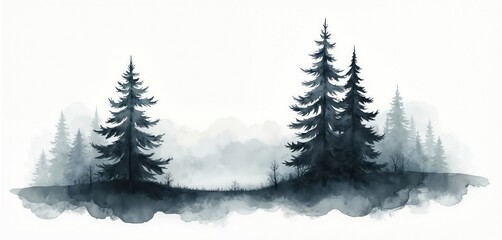 Fototapeta premium Elegant watercolor illustration of monochromatic pine trees in minimalist forest silhouette. Modern botanical artwork captures serene, greyscale landscape painting with stylized, natural feel.