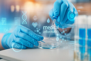 AI generated futuristic science concept of a scientist in blue gloves using pipette with petri dish surrounded by glowing holographic icons of dna molecules heart and medical informatics