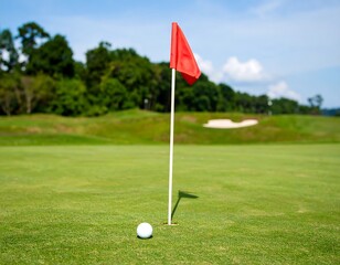 Obraz premium Golf hole with red flag and white ball