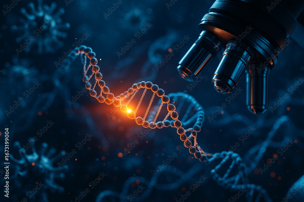Poster ai generated conceptual image of luminous dna double helix with microscope and molecular graphics sy