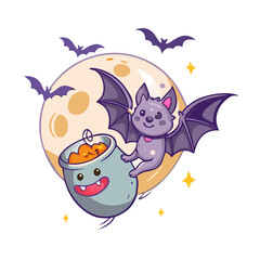 cartoon bat with candy bucket flying across moon