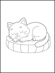 Adorable Sleeping Kitten on Soft Bed – Cute Cat Coloring Page for Kids, Preschool and Kindergarten – Black and White Cartoon Line Art Illustration for Fun and Learning