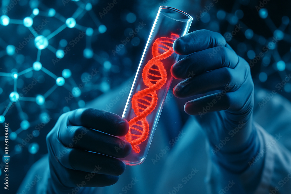 Poster ai generated conceptual biotechnology image showing a scientist holding a glowing red dna helix in a