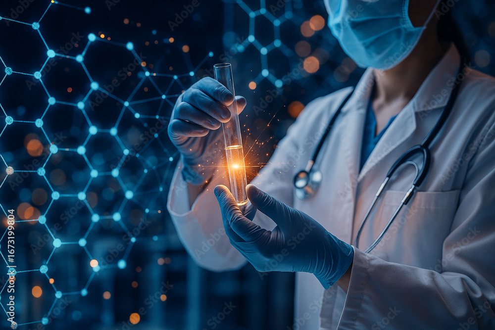 Poster ai generated conceptual image of a scientist holding a glowing test tube with molecular hexagonal st