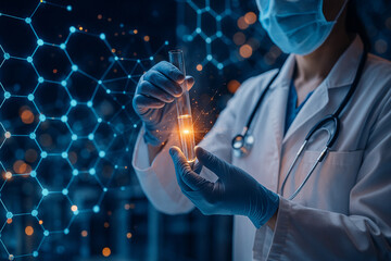 AI generated conceptual image of a scientist holding a glowing test tube with molecular hexagonal structures and digital networks symbolizing biotechnology innovation and medical research