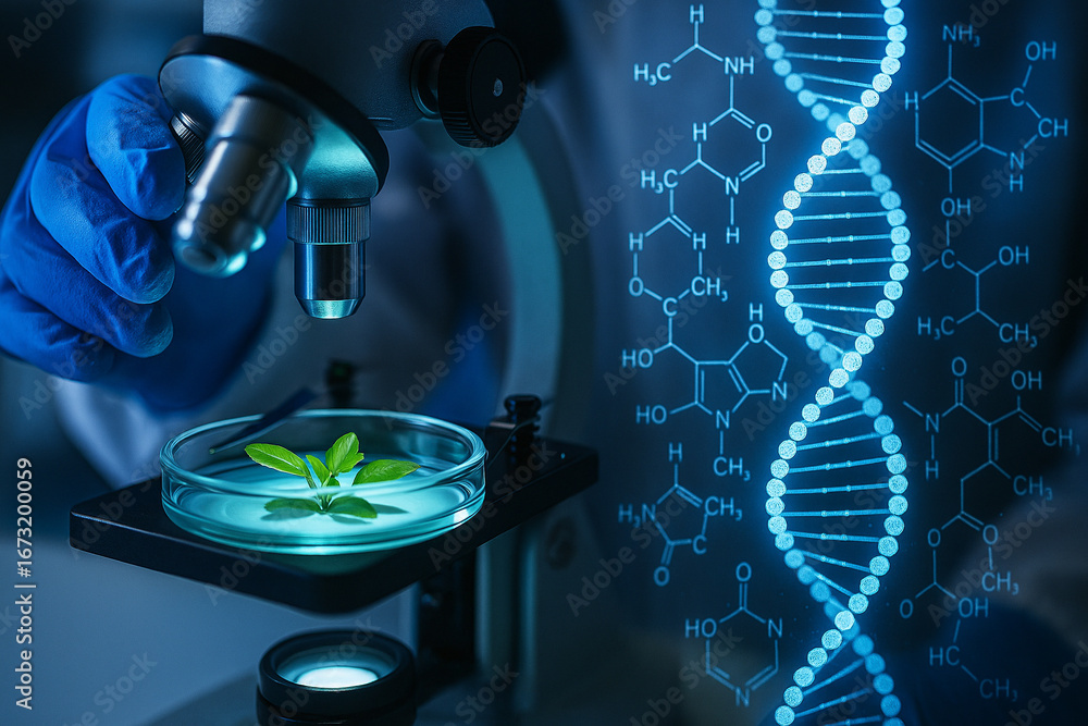 Poster ai generated concept image showing scientist hand with petri dish and glowing dna helix symbolizing 