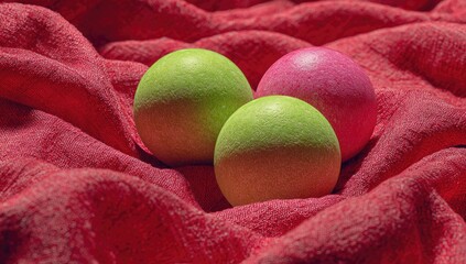 Three pastel spheres rest on a textured red fabric
