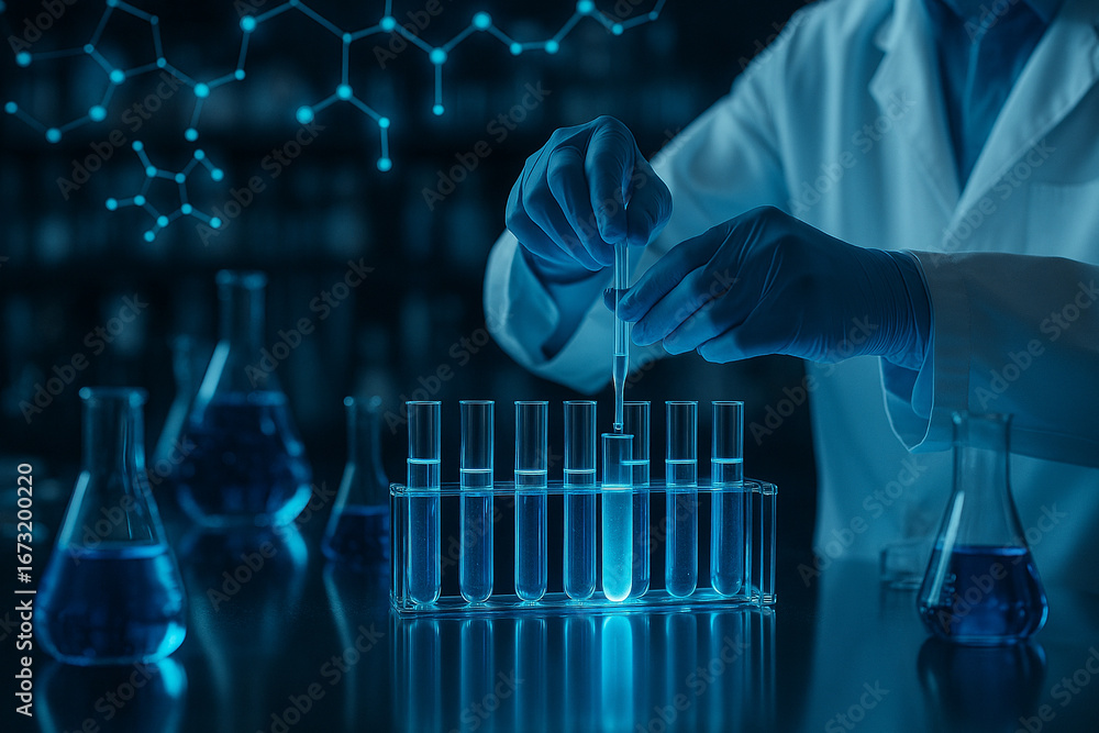 Poster ai generated ultra realistic image of a scientist in modern laboratory holding test tube with glowin