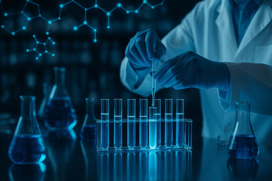 AI generated ultra realistic image of a scientist in modern laboratory holding test tube with glowing liquid surrounded by molecular structures and digital graphics symbolizing genetic research