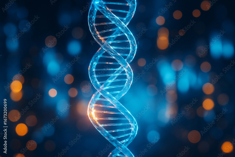 Poster ai generated glowing dna double helix with blue light and orange bokeh background symbolizing geneti