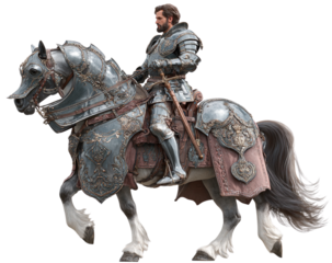  Knight Riding Horse in Medieval Armor White Background