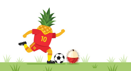 Naklejka premium Pineapple Football Player Kicking Ball With Rambutan Fruit On Green Field