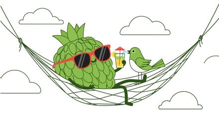 Pineapple Lounging In Hammock With Bird Enjoying Tropical Getaway Vacation