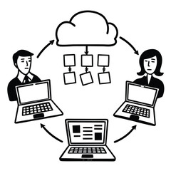 Two professionals engaged in a collaborative online meeting with cloud connectivity and data sharing