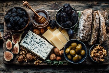 Rustic wooden board laden with cheeses, fruits, nuts, and bread