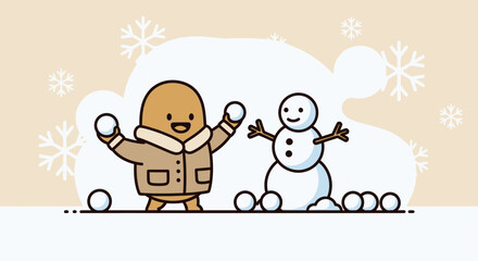 Fototapeta premium Playful Potato Enjoys a Winter Day Creating a Snowman Amidst the Snowflakes
