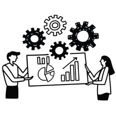 Two professionals presenting a growth chart and gears, symbolizing teamwork and progress