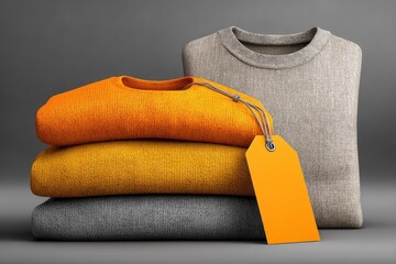 Stacked sweaters, orange, yellow, grey, blank tag