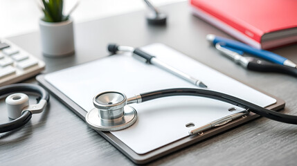 Stethoscope and clip board on the doctor workplace close up
