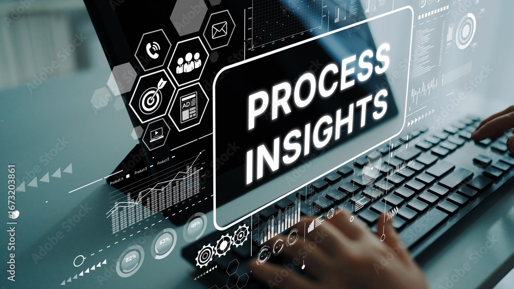 Poster digital transformation concept with process insights and business analytics on computer screen in mo
