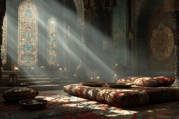 Sunbeams illuminate a grand, ornate room with patterned carpets and cushions